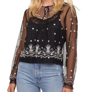 H&M Ruffle Tie Neck Embroidered Swiss Dot Mesh Top